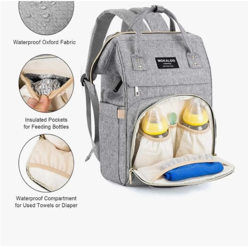 Mokaloo Gray Diaper Bag Backpack with USB Port